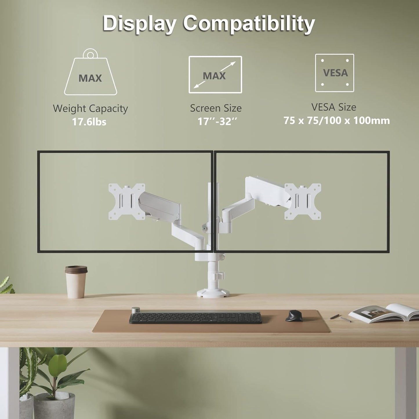 WALI Dual Monitor Mount, Adjustable Gas Spring Arms Desk Mount for 2 Monitors up to 32 inch, 17.6lbs Weight Capacity, Mounting Holes 75 x 75mm or 100 x 100mm (GSDM002W), White