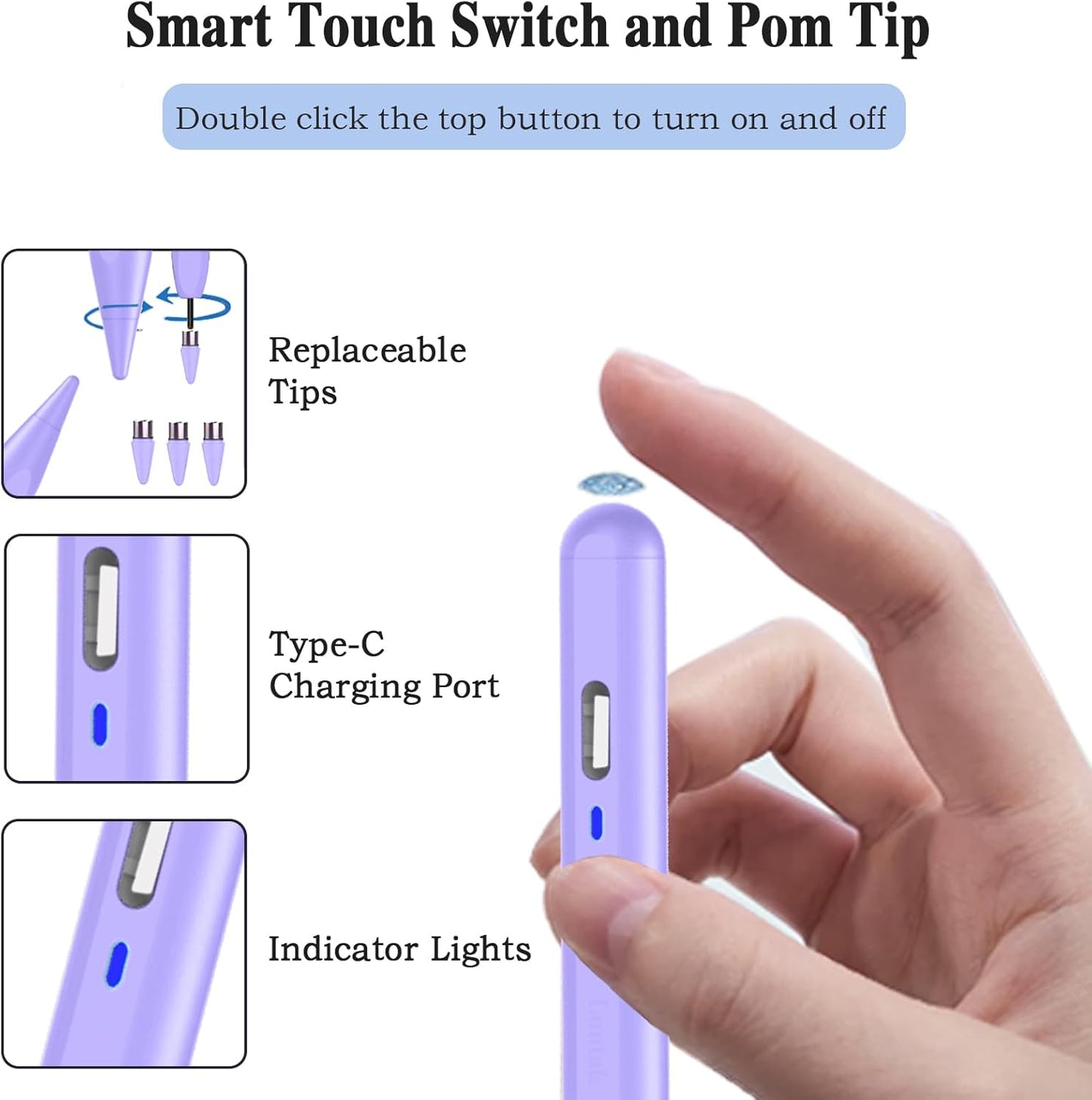 Stylus Pen for Android/iOS Tablet,Tablet Pencil with Pom Tip Rechargeable Active Stylus Pen for iPhone/Samsung/XiaoMi/Huawei/Vivo/Lenovo and Other Android Smartphones and Tablets-Purple