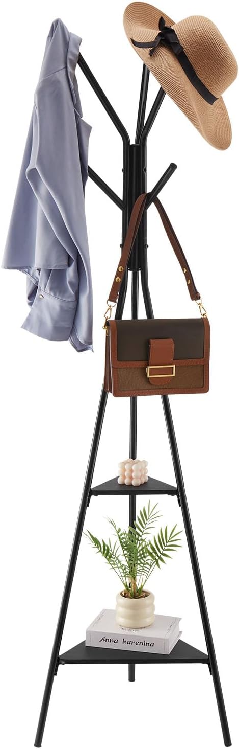 VEVOR Coat Rack, Freestanding Coats Rack Stand with 2 Shelves & 6 Hooks, Free Standing Hall Coat Tree for Entryway, Bedroom, Living Room, Modern Clothes Hanger Stand for Coats, Hats, Scarves, Handbags