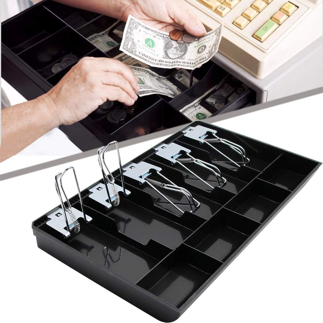 Cash Register Drawer Insert Tray 5 Bill/4 Coin Compartments with Metal Clip for Money Storage, Black