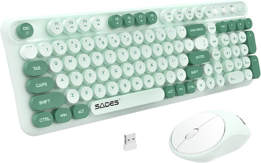 Wireless Keyboard and Mouse,Retro Typewrite Keyboard and Mouse Combo with Round Keypads,2.4G Cute Full Size Keyboard and Mouse Wireless, Home Office Keyboard for Computer Laptop Windows, Mint Green