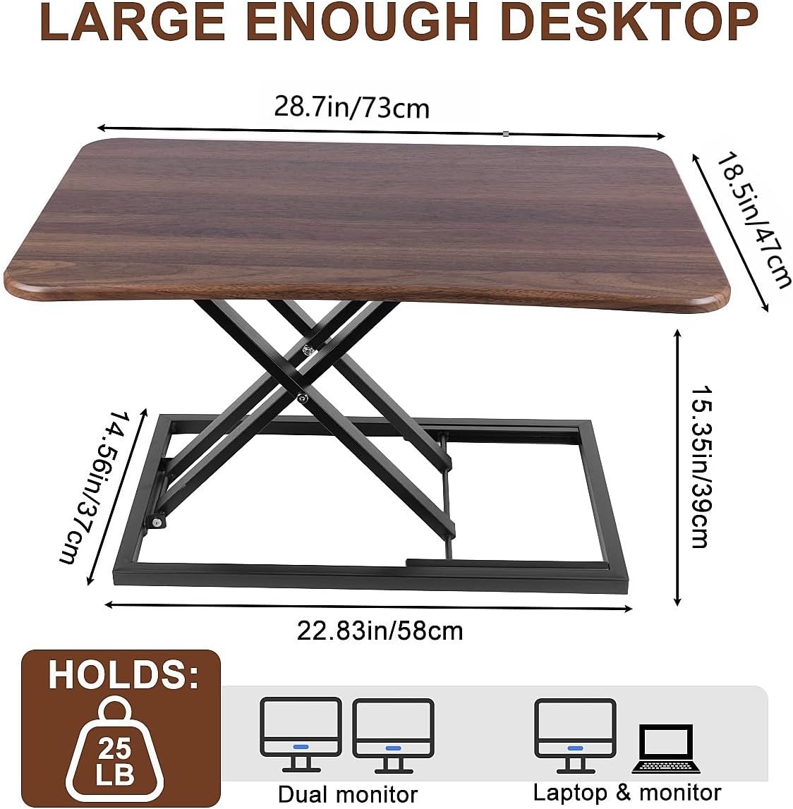 Adjustable Standing Desk Converter, 28.7“ Wide Tabletop Stand Up Desk Riser with Gas Spring, Desktop Stand Up Desk Fits Monitor or Laptop Riser Workstation, Fully Assembled Dark Walnut