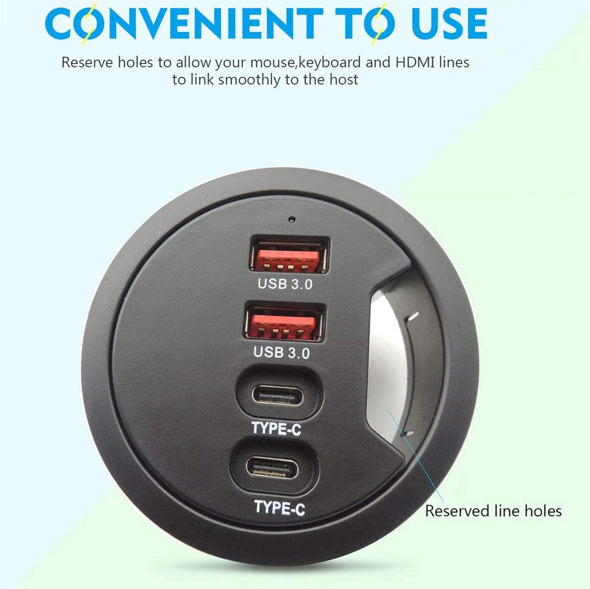 Grommet Desk-Fit USB 3.0 Hub (Diameter 2.36" or 60MM) 2 Port Type A&2 Port Type C,Compatible Charging and Data Transmission,