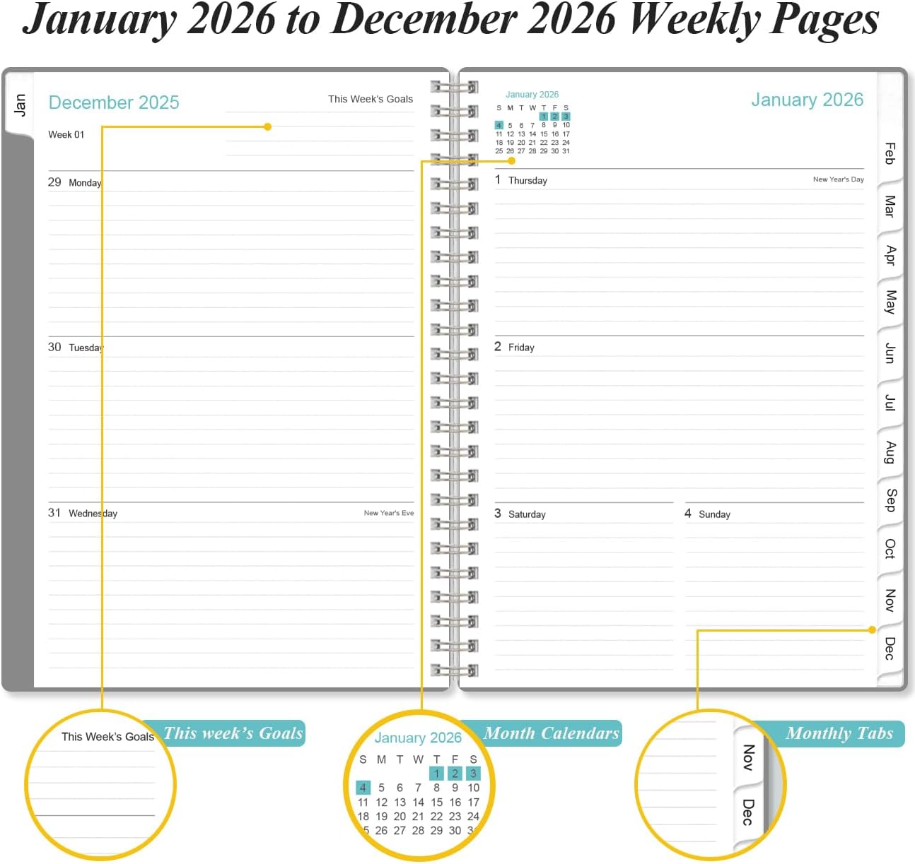 2026 Planner - Weekly and Monthly Calendar Planner from Jan 2026 - Dec 2026, Planner 2026 Spiral Bound with 12 Monthly Tabs, Inner Pocket, Perfect for School Office Supplies, 6.4" x 8.5", Grey-C