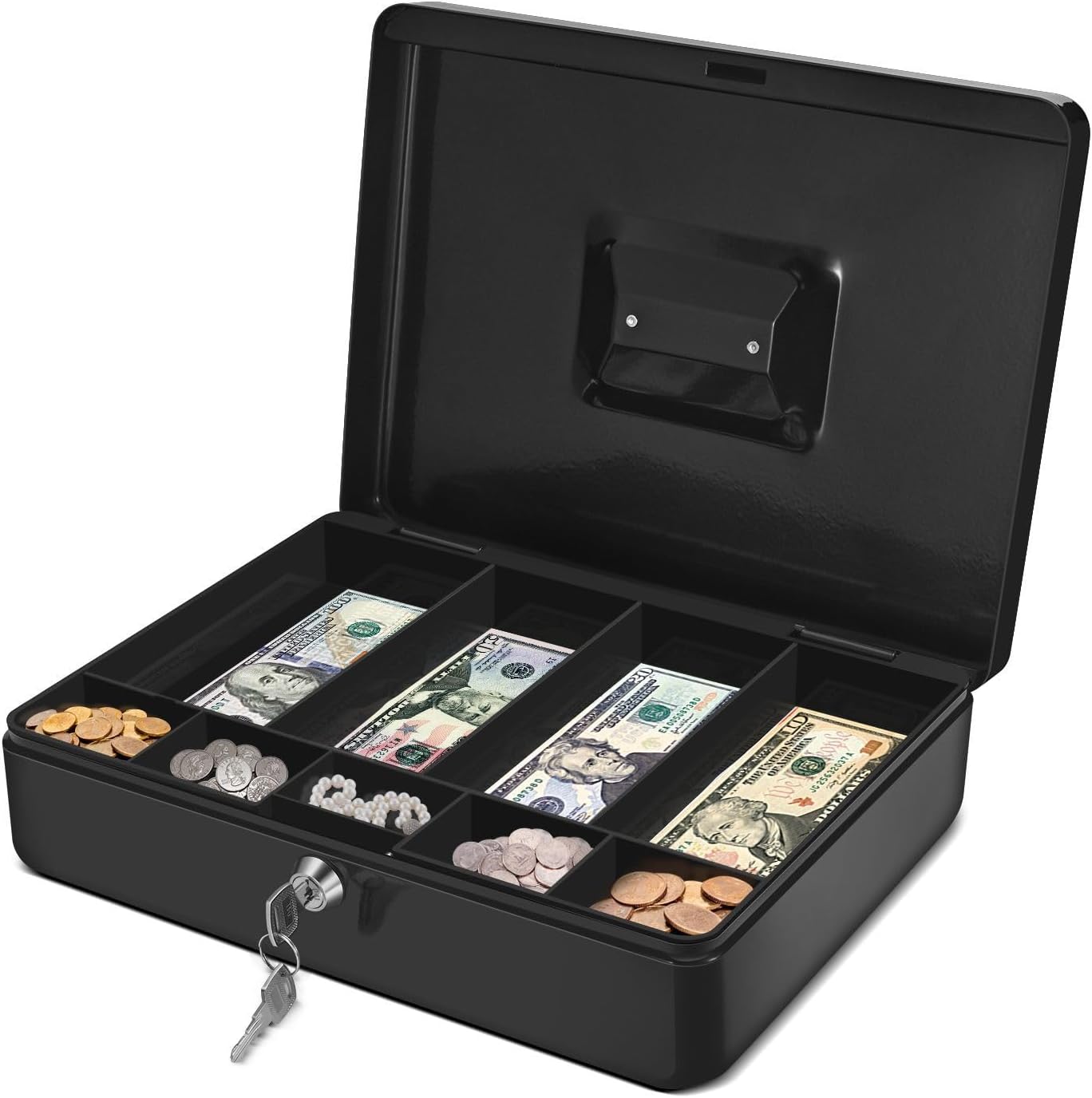 Flexzion Cash Box with Money Tray and Lock - Metal Cash Box for Small Businesses, 9-Compartment Black Money Box with Removable Tray and Key, Portable Storage for Checks and Coins