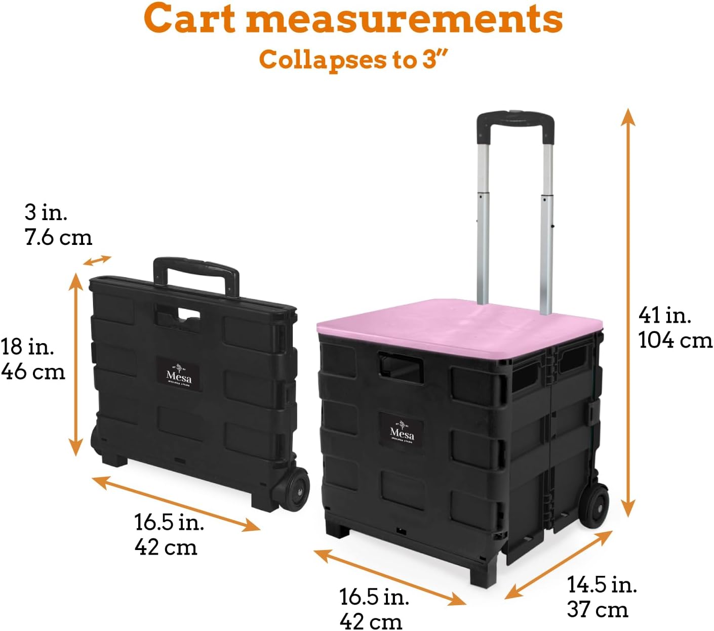 Inspired Living Collapsible Ultra-Slim Pack-N-Roll,2 Wheel Utility Cart w/Lid Used as Seat up to 250 Lbs, Telescopic Handle, Super Strong, for Home,Garden,Shopping,Office,School, Large, Pink & Black