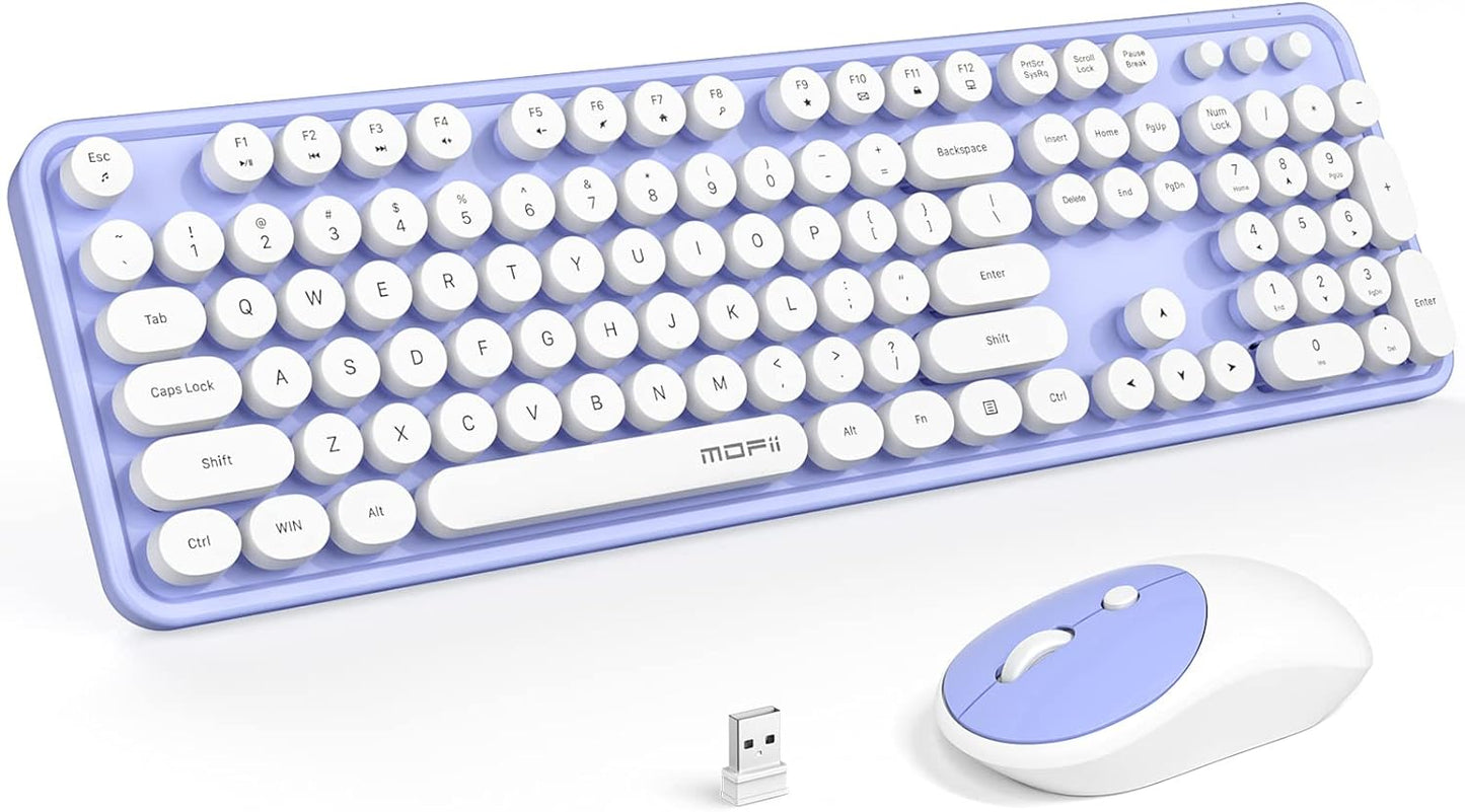 MOFII Wireless Keyboard and Mouse Combo, Computer Full Size 2.4G Plug and Play Wireless Typewriter Retro Round Keyboard and Mouse Set for Windows, Computer, Desktop, PC, Notebook - (Light Purple)