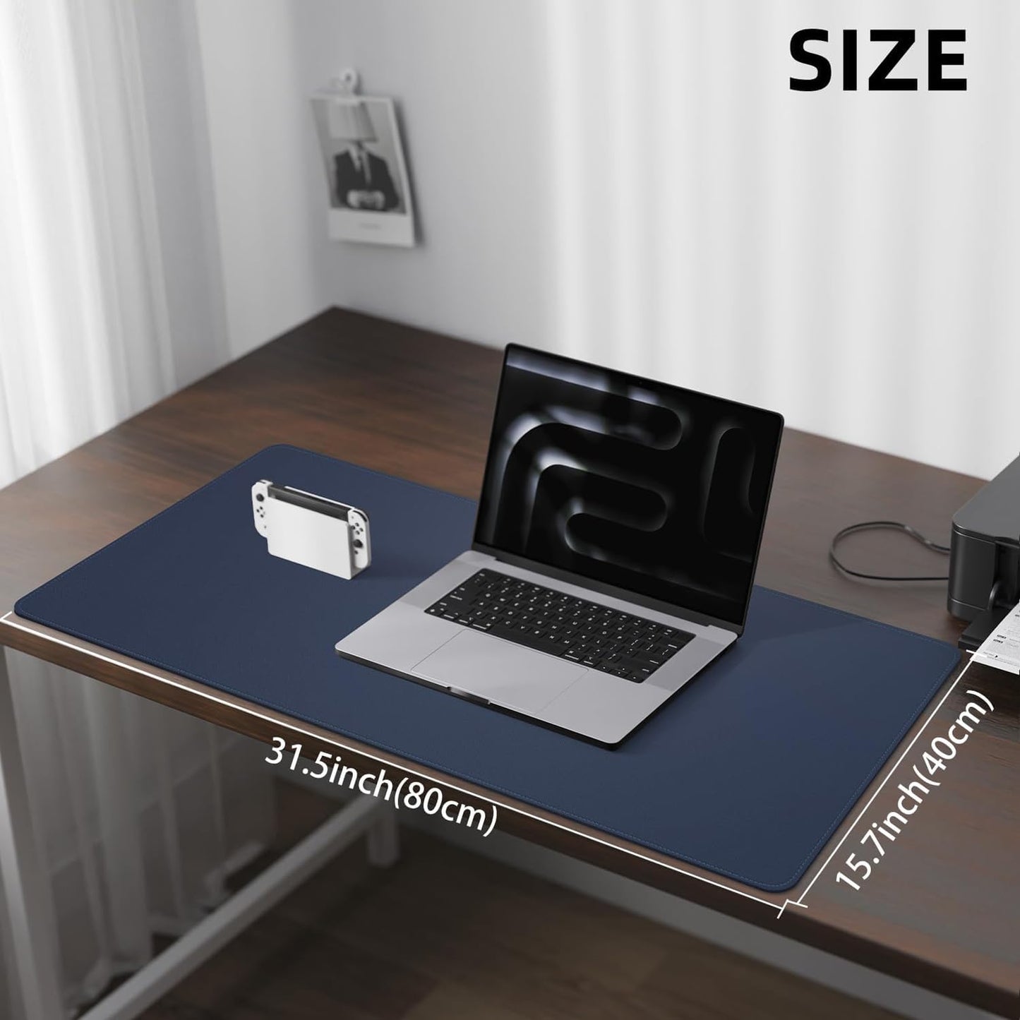 Leather Desk Pad Protector Large Mouse Pad, Stitched Locking Edge Laptop Computer Desk Mat Blotter, Non-Slip Waterproof Durable Writing Pad for Office and Home (Dark Blue, 80 x 40cm)