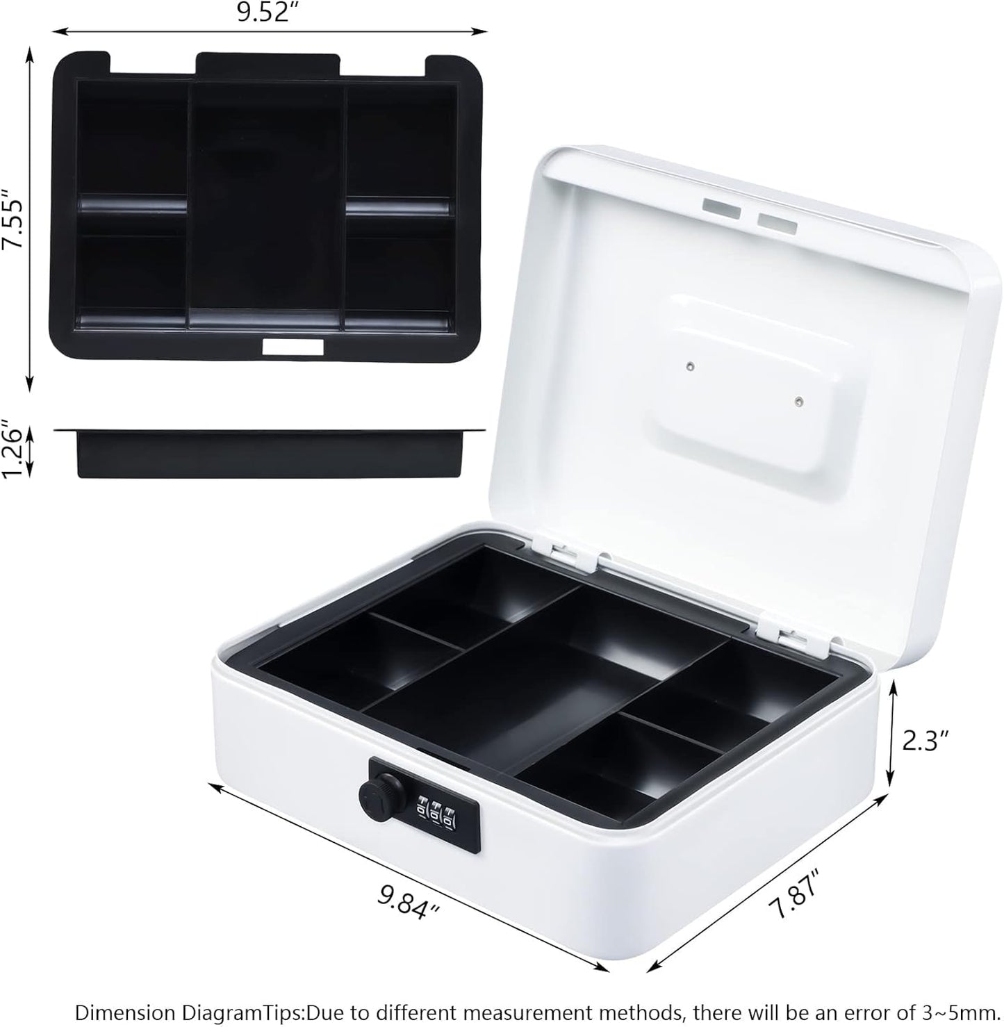 KYODOLED Large Cash Box with Combination Lock,Safe Metal Box for Money, Storage Lock Box with Money Tray,9.84"x 7.87"x 3.54" White Large