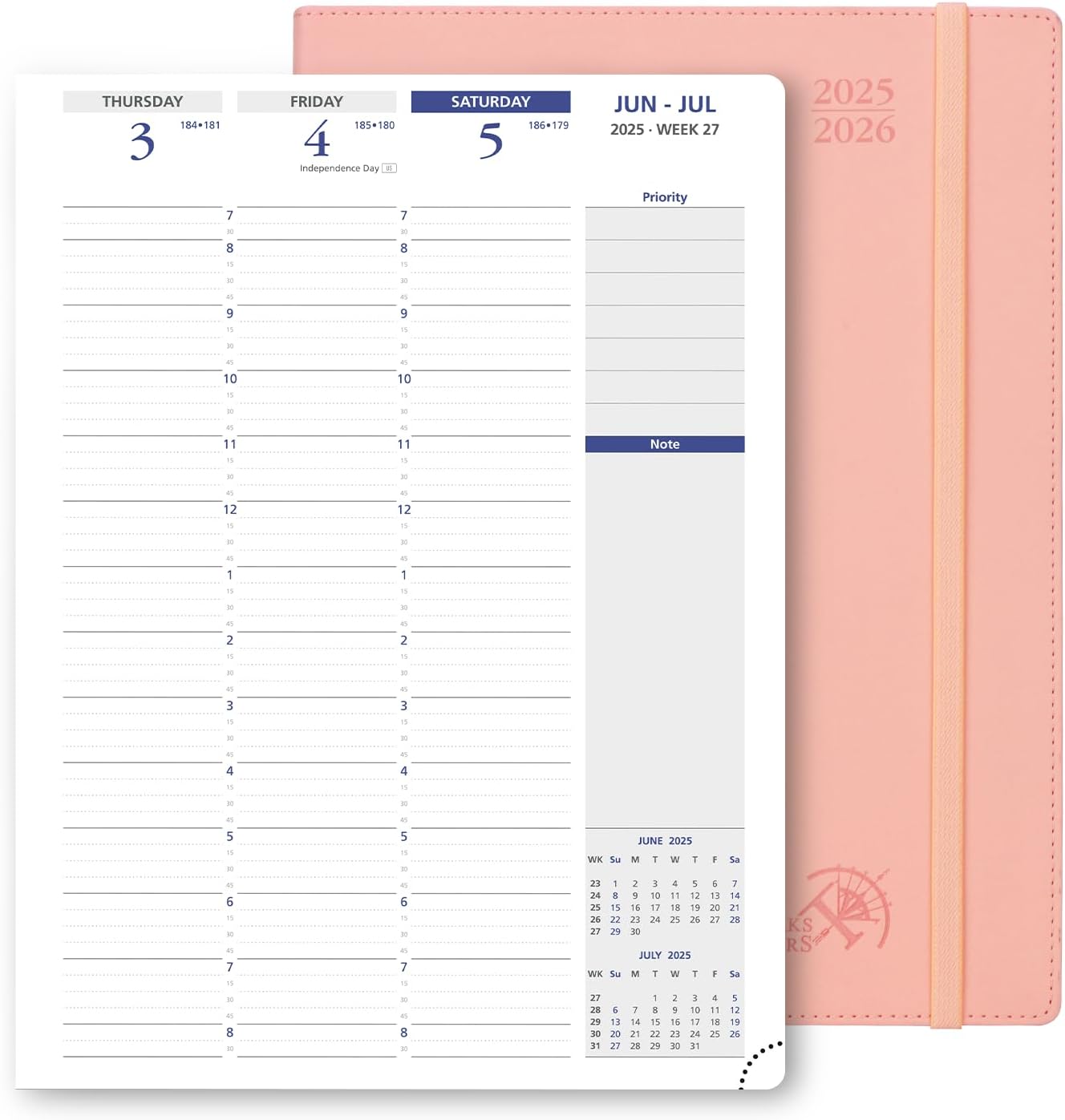 POPRUN Academic Planner 2025-2026, 8.5'' x 11.25'', Quarter-Hourly Appointment Book (July 2025-June 2026) with PU Leather Soft Cover, Dual Pockets, Monthly Tabs, 100GSM Thick Paper - Soft Pink