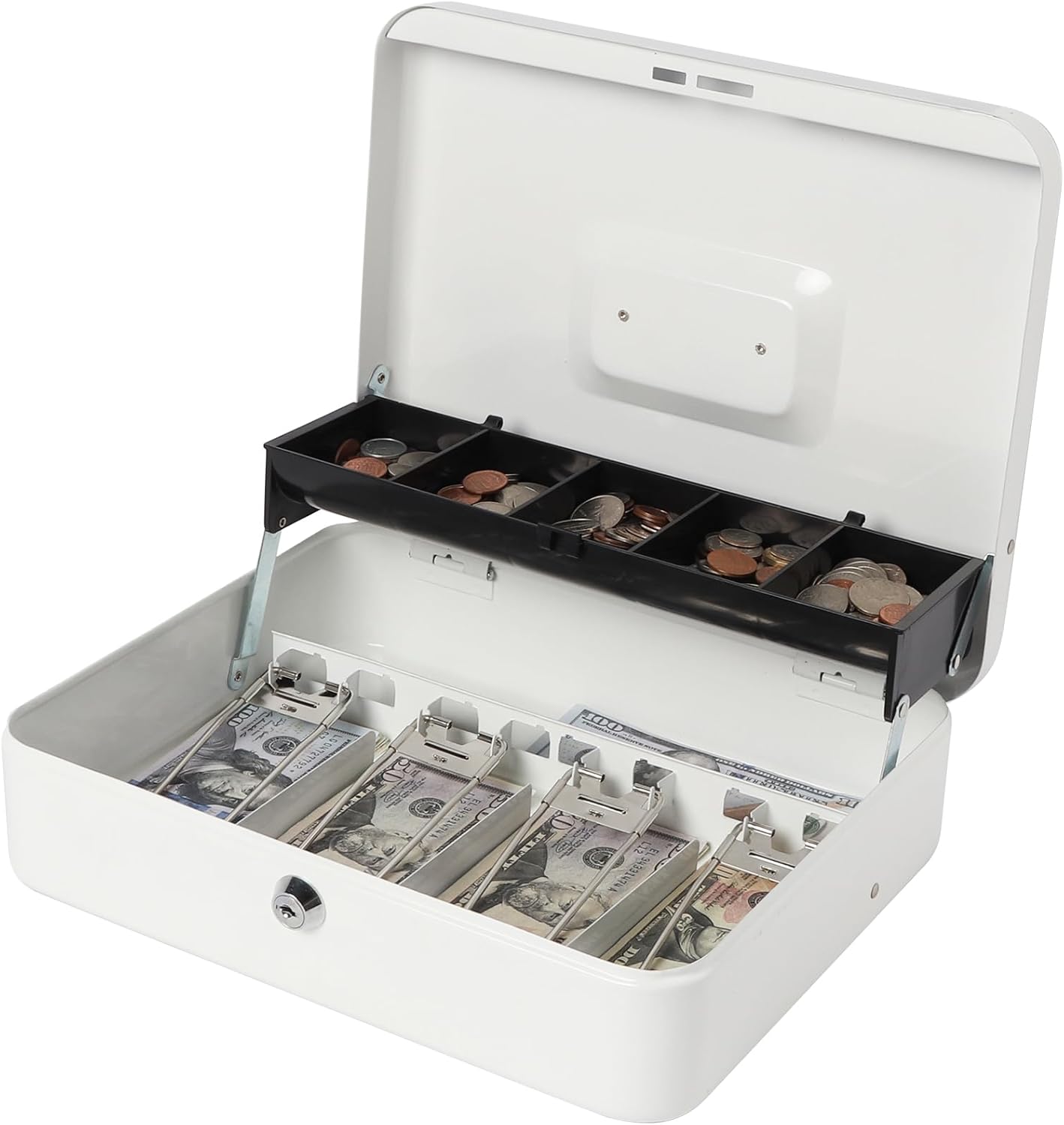 Jssmst Locking Large Metal Cash Box with Money Tray, Money Box with Key Lock, White, SM-CB0504L