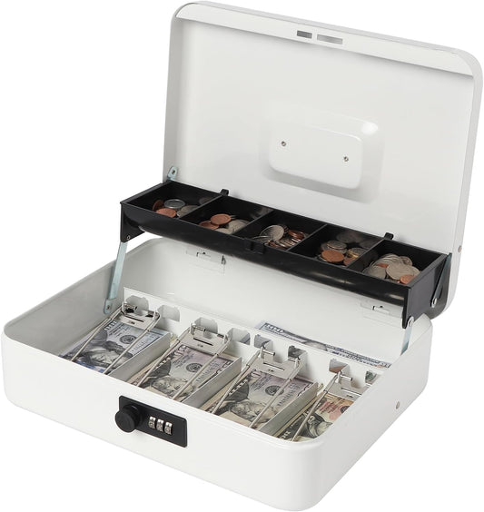 Jssmst Locking Large Metal Cash Box with Money Tray, Money Box with Combination Lock, White, SM-CB0511L