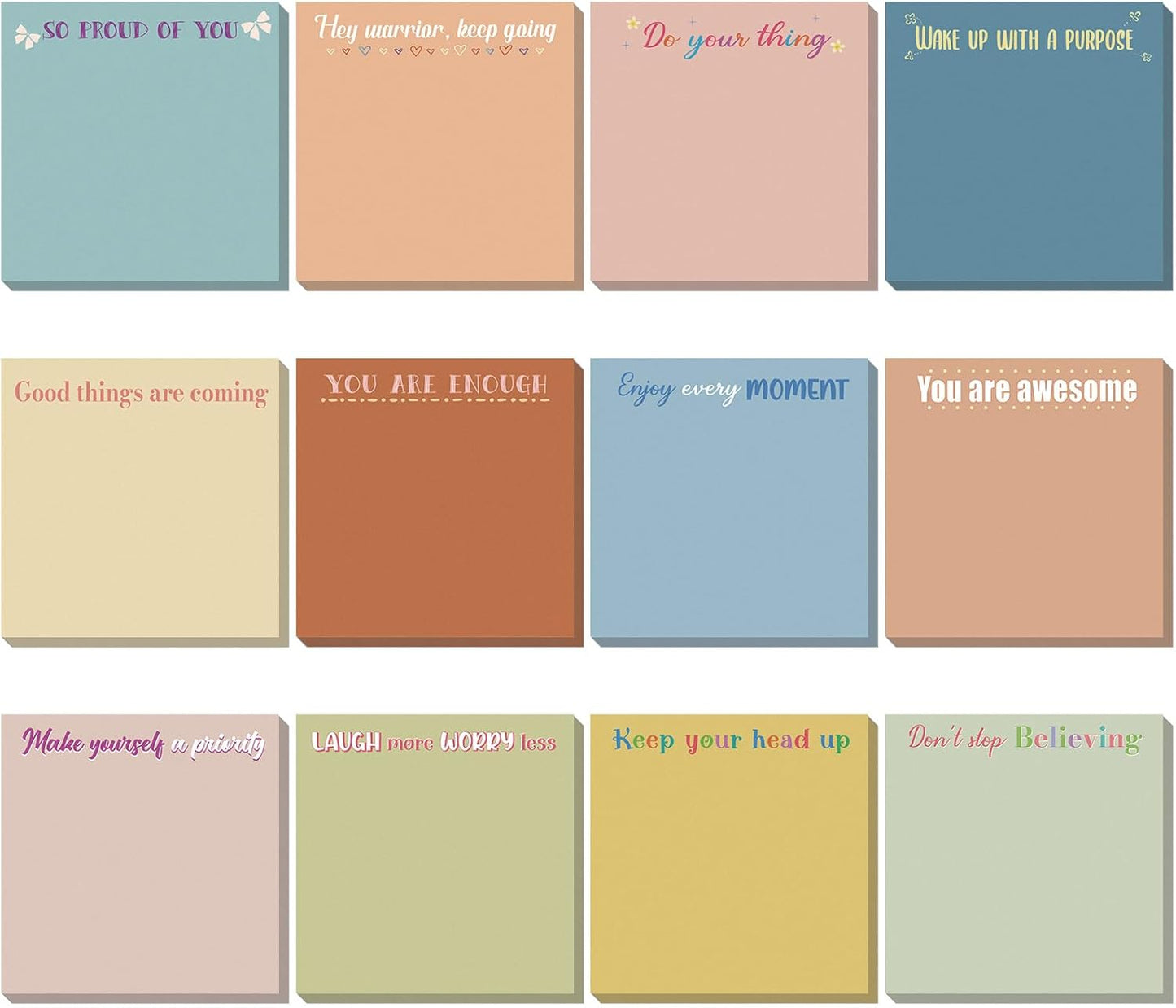 Zonon 12 Pieces Inspirational Sticky Notes 3 x 3 Inch Motivational Fun Notepads Positive Gifts for Teacher Nurse Coworkers Work Studying Supplies(Morandi Style)