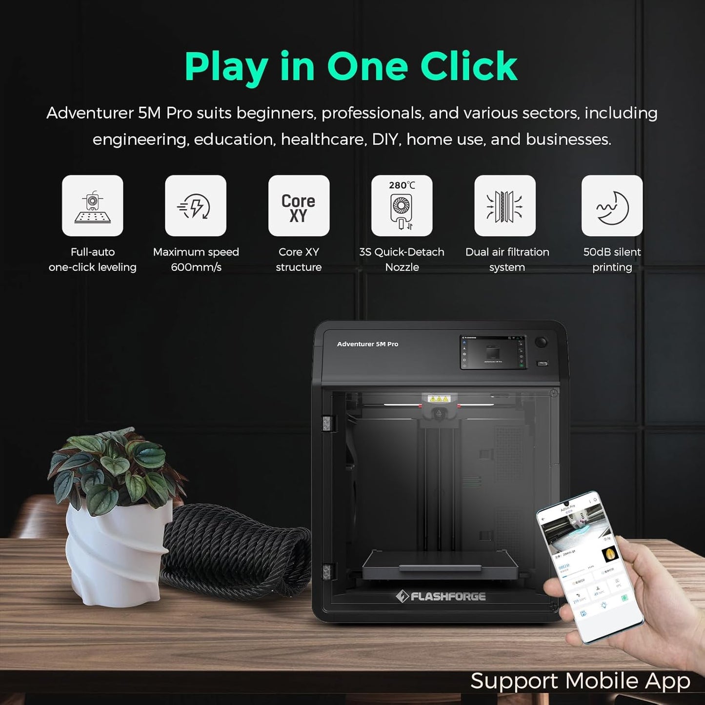 FLASHFORGE Adventurer 5M Pro 3D Printer with 1 Click Auto Printing System, 600mm/s High-Speed, Quick Detachable 280°C Nozzle, Core XY All-Metal Structure, Multi-Functional 220x220x220mm 3D Printer