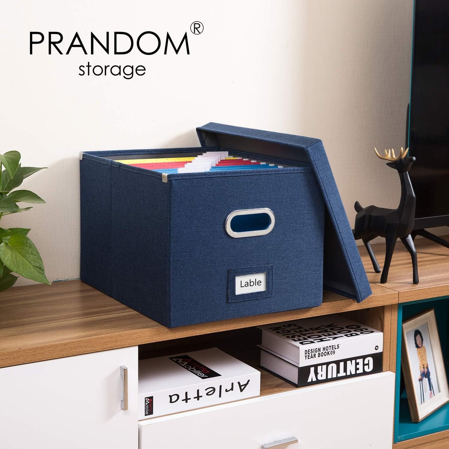 PRANDOM File Organizer Box - Set of 2 Collapsible Decorative Linen Filing Storage Hanging File Folders with Lids Office Cabinet Letter/Legal Size Navy Blue (17x14x11.2 inch)