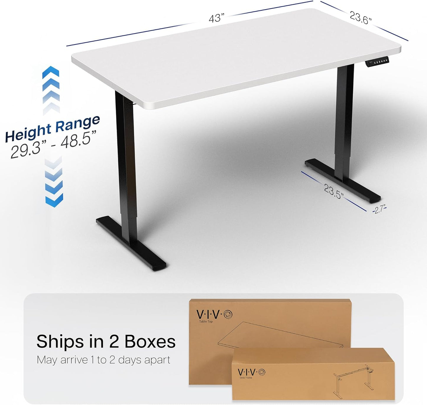VIVO Electric 43 x 24 in Standing Desk, Memory Height Adjustment, 1B Series, One-Piece White Top, Black Frame, DESK-KIT-1B4W