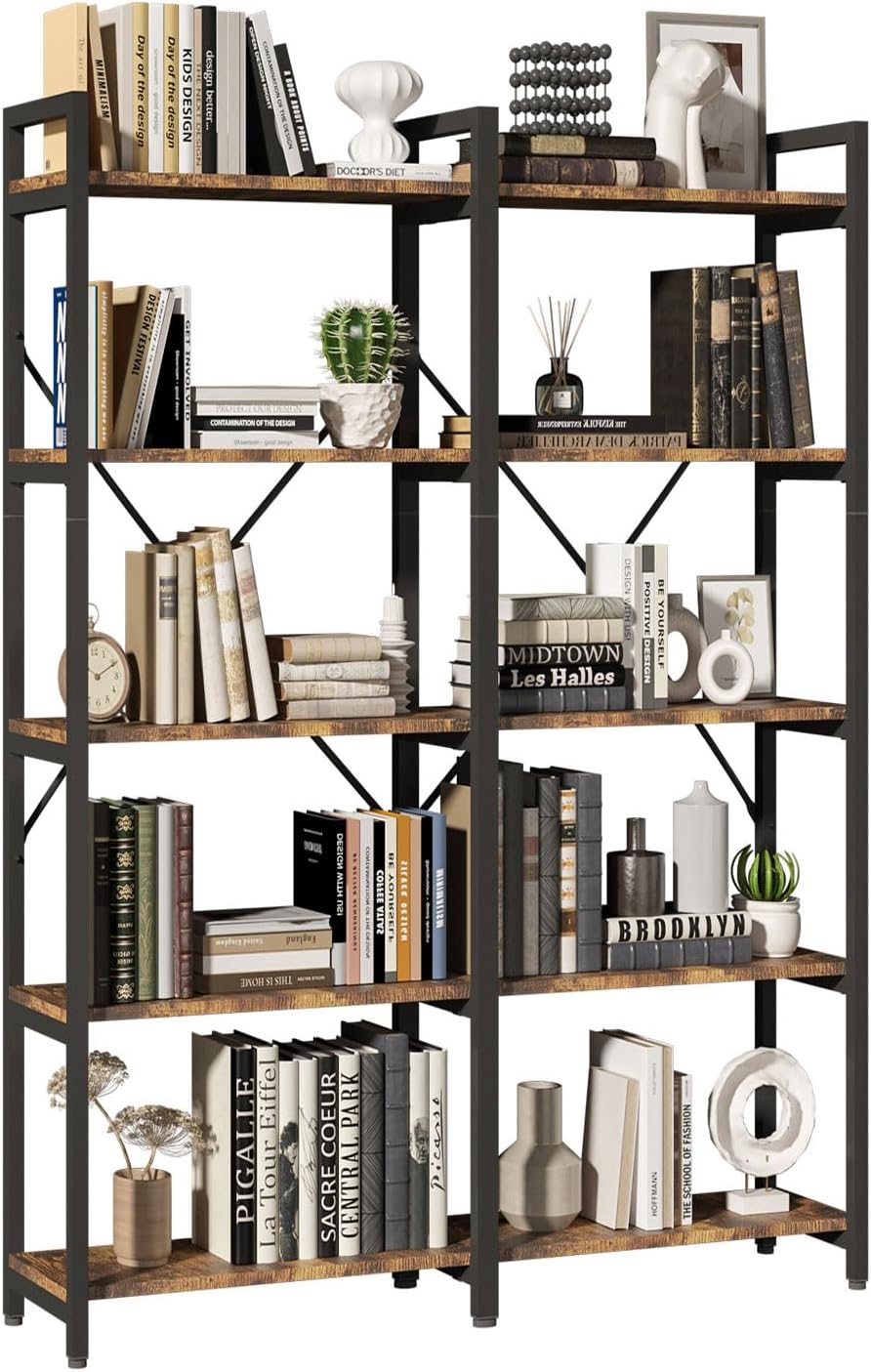 oneinmil Bookshelf 5 Tier, 58.7'' Industrial Book Shelf, Wooden Bookshelves with 10 Open Display Shelves, Vintage Storage Rack, Standing Wide Bookcase for Home and Office, Rustic Brown