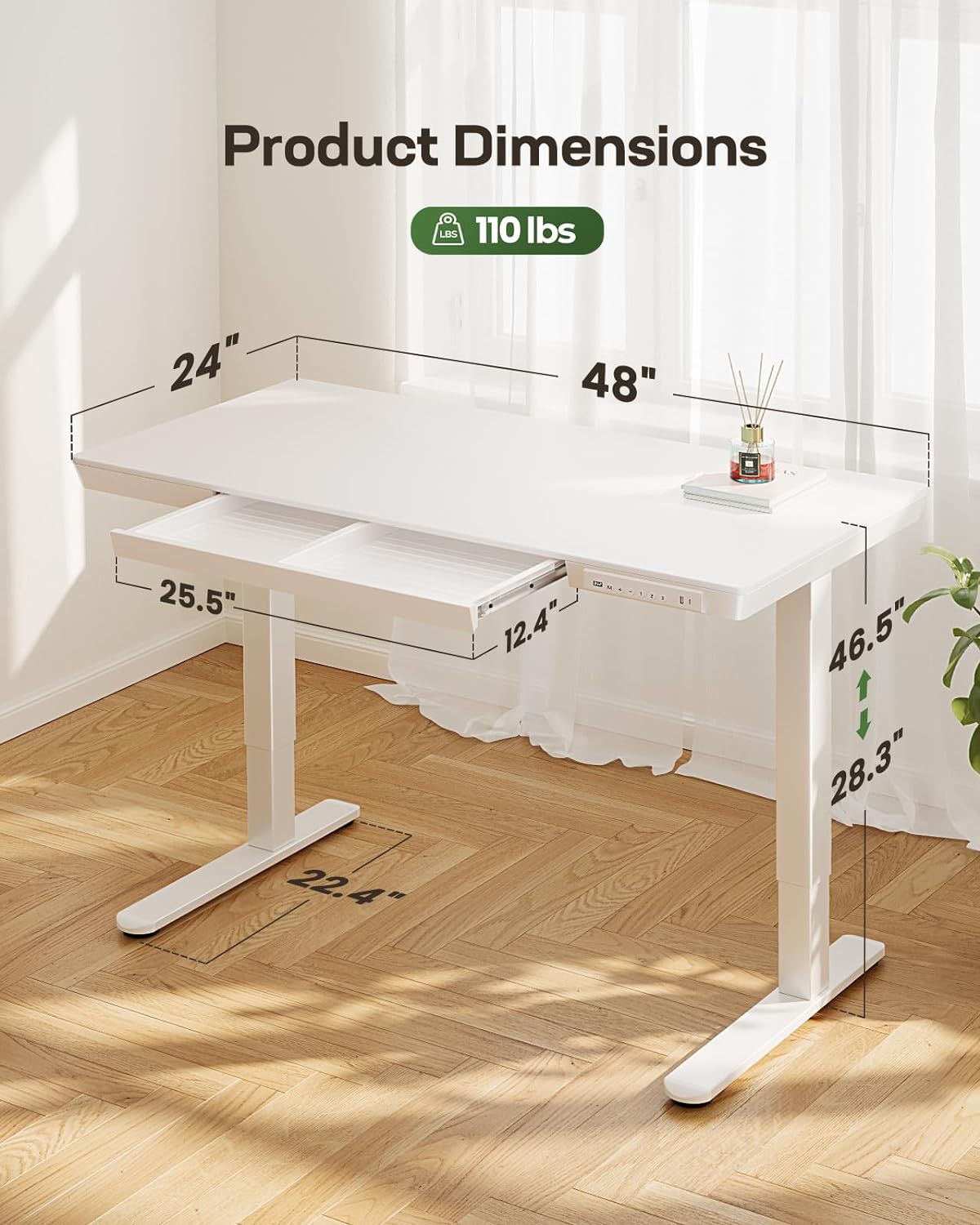 Marsail Standing Desk with Drawer, 48 x 24 inch Whole Piece Tabletop Electric Standing Desk, Height Adjustable Desk with USB Charging Ports, Sit Stand Desk with Storage for Home & Office White