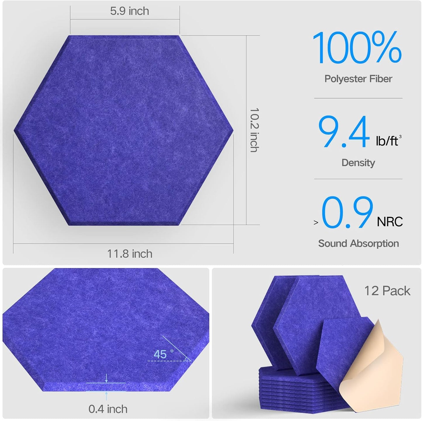 12 Pack Self-adhesive Acoustic Panels 12" X 10" X 0.4" - Sound Proof Foam Panels with High Density, Hexagonal Design, Flame Resistant, Absorb Noise and Eliminate Echoes(Telecom Blue)