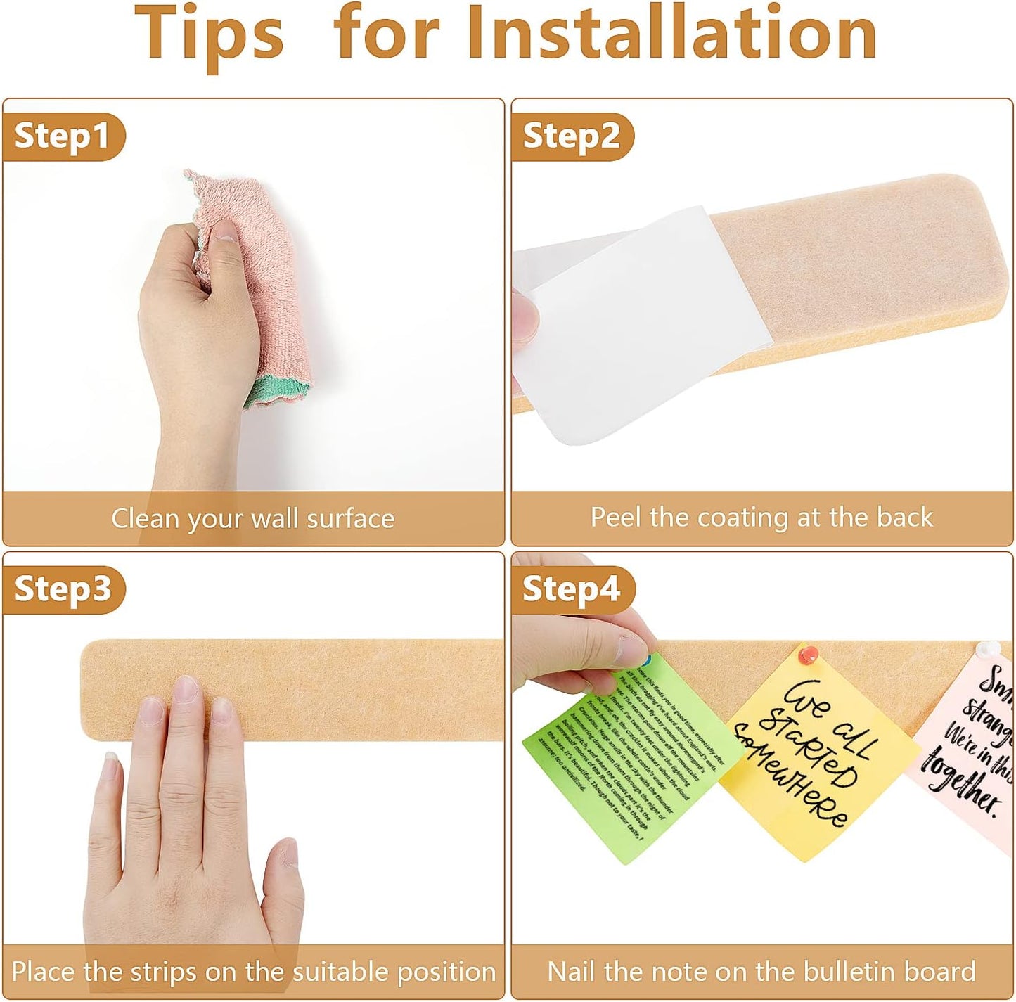 5 Pack Felt Pin Board Bar Strips Bulletin Board for Bedrooms Offices Home Wall Decoration, Notice Board Self Adhesive Cork Board with 35 Push Pins for Paste Notes, Photos, Schedules (Peach)