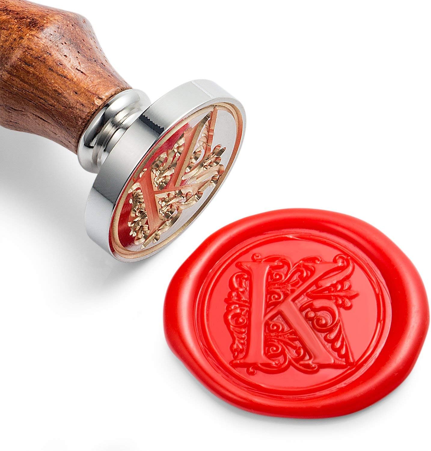 Mceal Wax Seal Stamp, Large Seal 1 1/5"(30mm) Dia, Silver Brass Head with Wooden Handle, Regal Letter A to Z Series (Letter K)