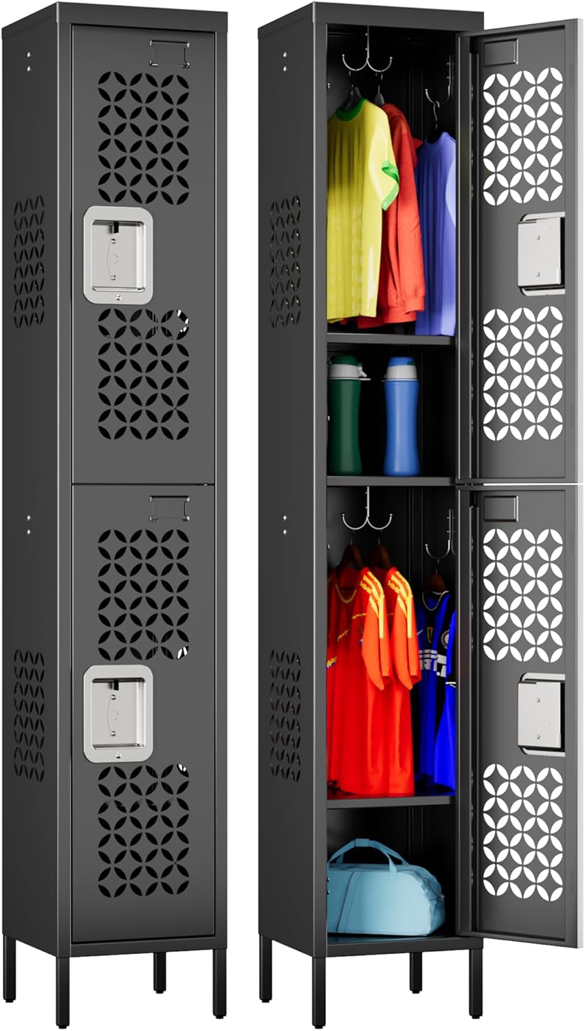 2 Doors Metal Locker with Adjustable Shelves and 6 Hooks,Metal Lockers for Employees for Gym,School,Office,Home,Garage,Assembly Required,Black