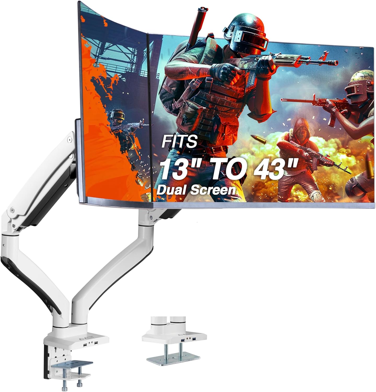 AVLT Dual 13"-43" Monitor Arm - Desk Mount for Two Flat/Curved Monitors - Full Motion Height Swivel Tilt Rotation Adjustable - White/VESA/C-Clamp/Grommet/Cable Management