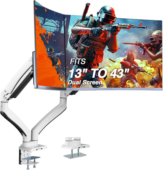 AVLT Dual 13"-43" Monitor Arm - Desk Mount for Two Flat/Curved Monitors - Full Motion Height Swivel Tilt Rotation Adjustable - White/VESA/C-Clamp/Grommet/Cable Management
