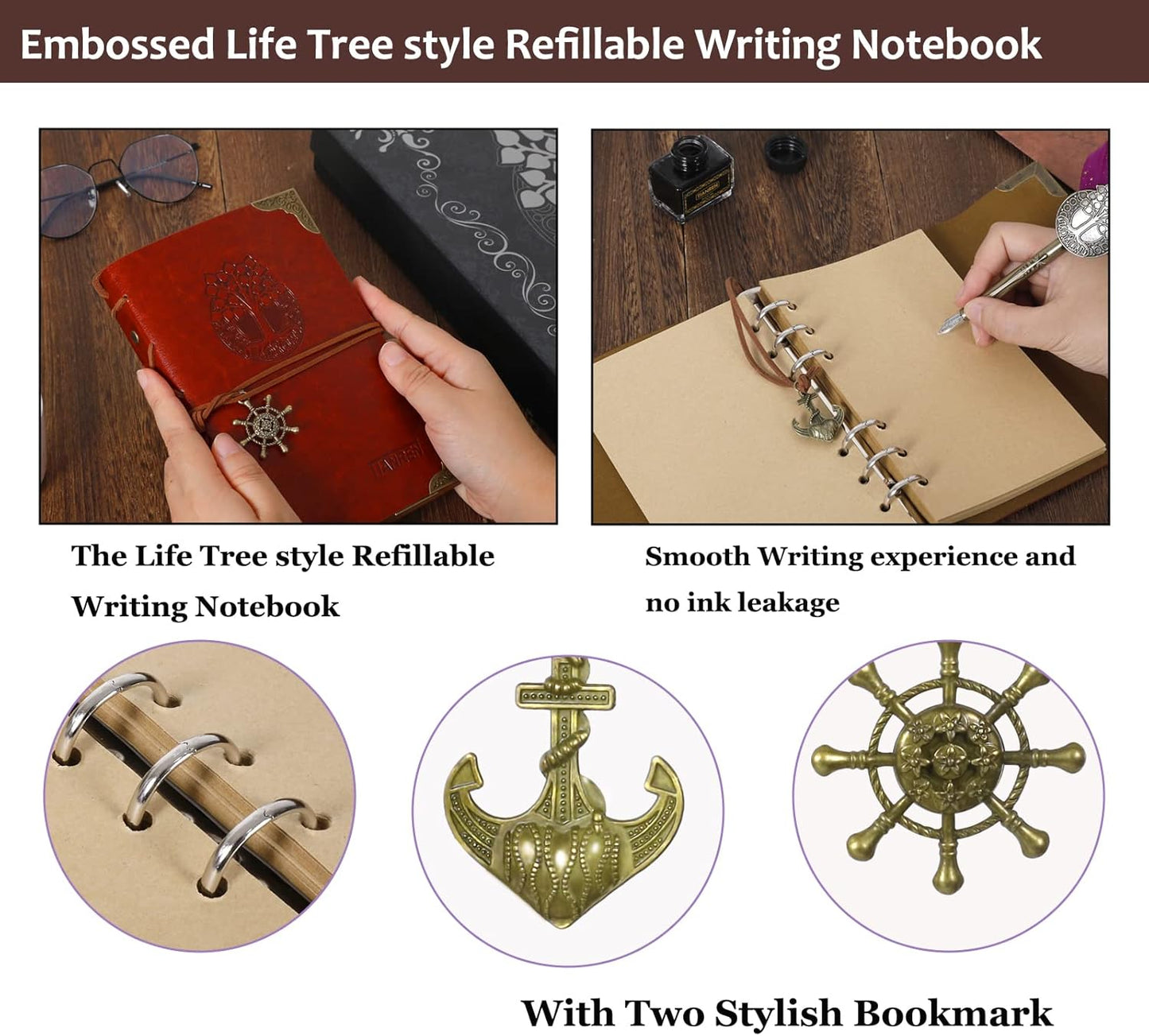 Feather Dip Pen and Ink Set,quill pen ink set,Antique Calligraphy Pen with 5 Replaceable Nibs,Wax Seal Stamp,Wax Beads &Leather Writing Notebook Christmas Gift for Men&Women.(Grey)