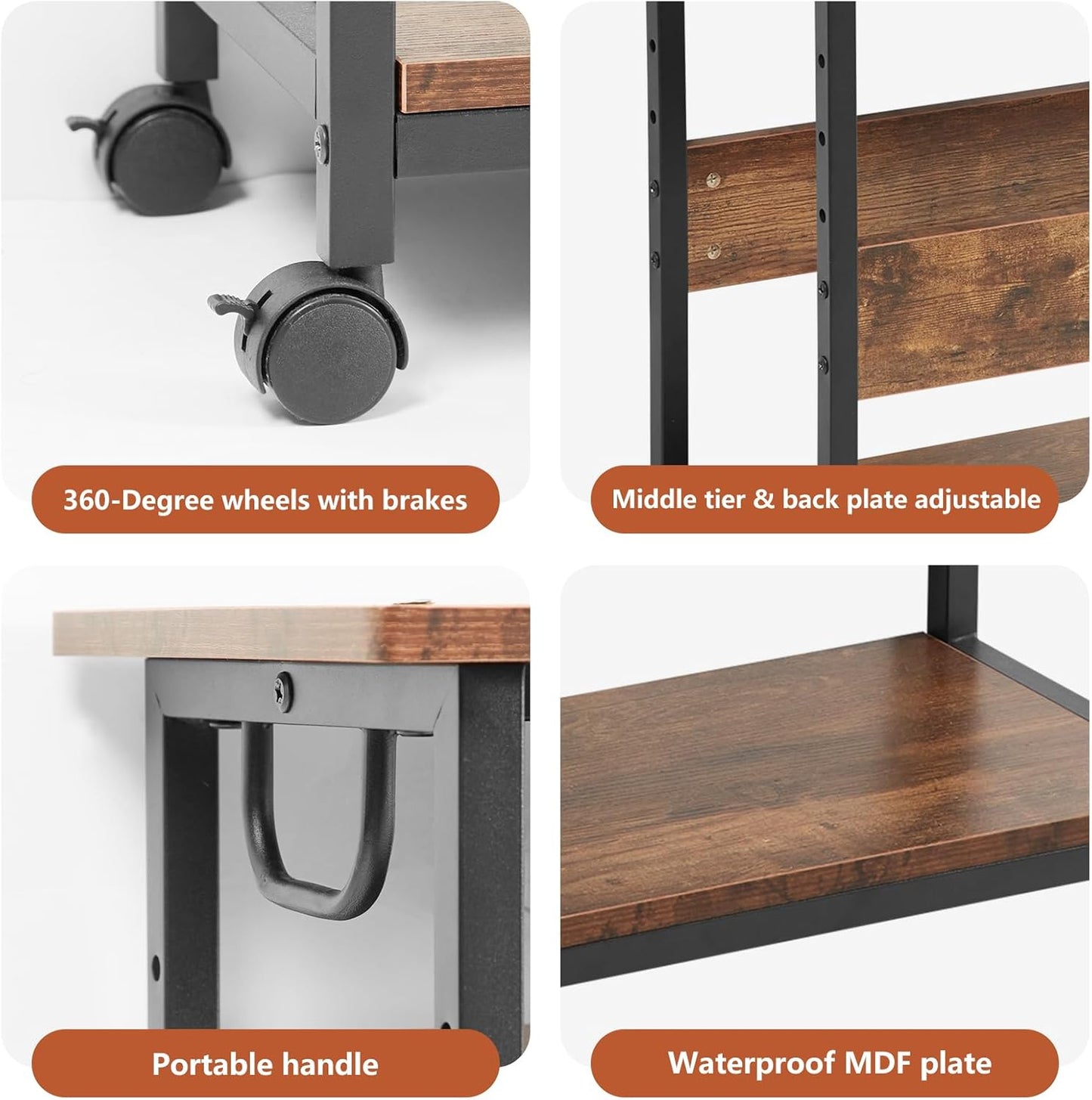 Computer Tower Stand Under Desk, Computer Tower and Printer Stand, Computer & Machine Carts, 3-Tier Computer Tower Floor Stand with Side Shelf, Wood and Metal Printer Table for Home Office