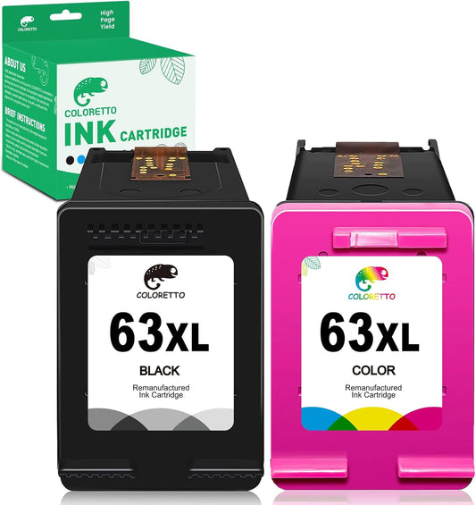 COLORETTO Remanufactured Printer Ink Cartridge Replacement for HP 63XL to use with Envy 4520 4516 Officejet 5255 5258 DeskJet 1112 3632 3639 1112 2130 3632 3633 3634 (1 Black+1 Color) Combo Pack