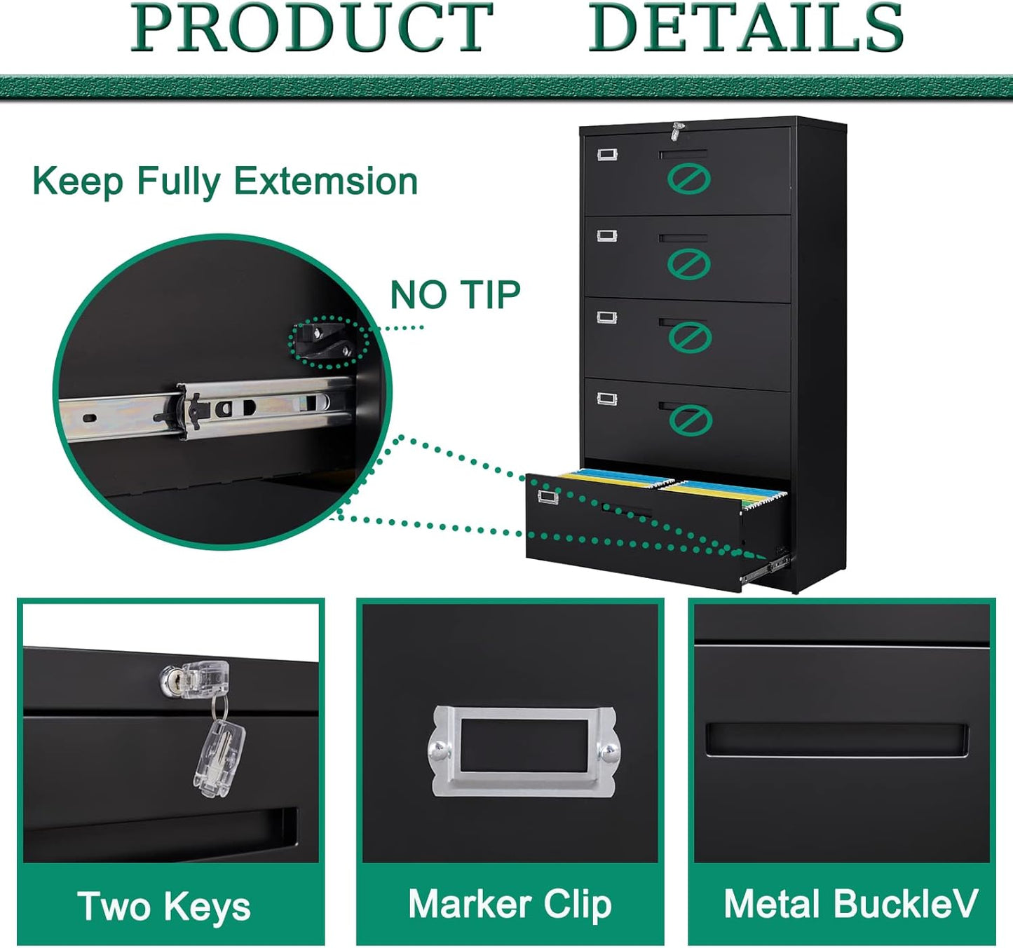 Letaya 5 Drawer File Cabinet with Lock,Metal Lateral Filing Cabinets for Home Office Hanging Files Letter/Legal/F4/A4 Size(Black-Requires Installation)