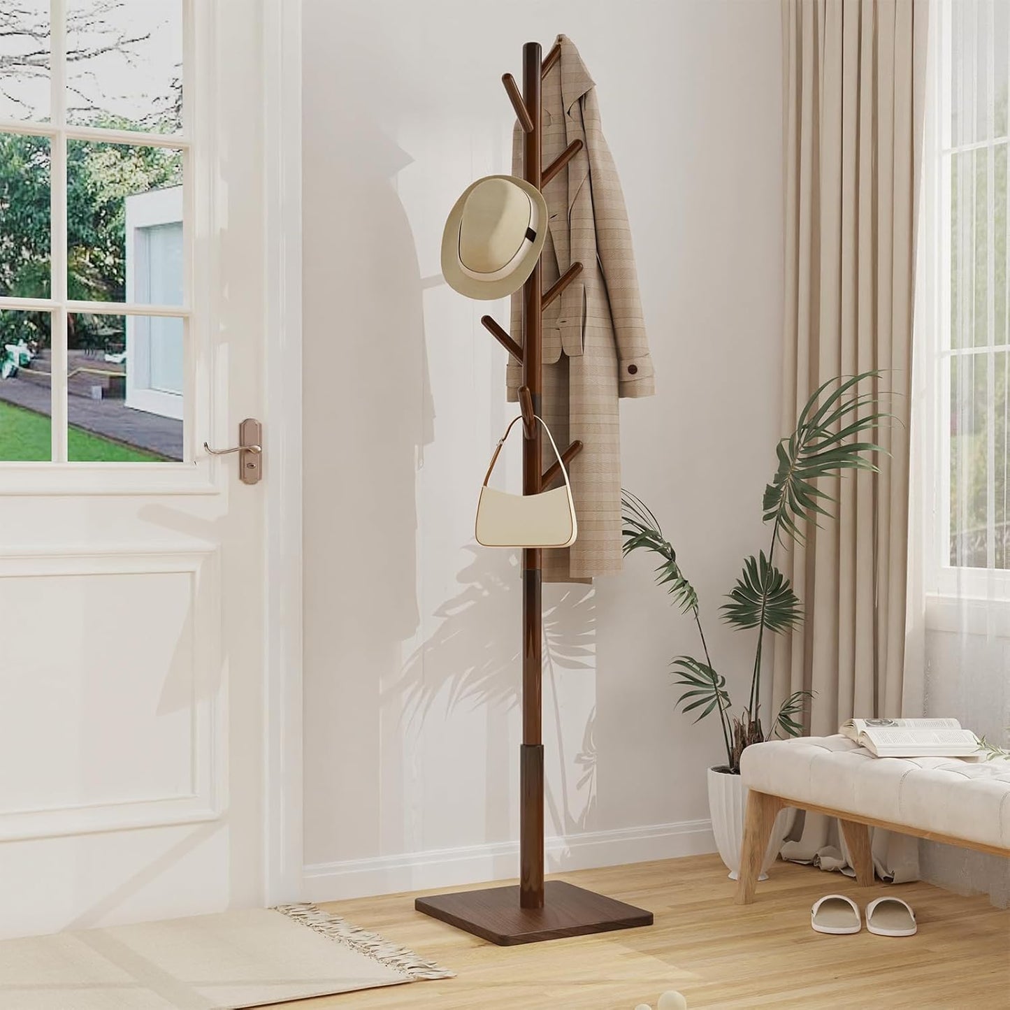 Coat Rack Freestanding with Stable Square Base, Entryway Furniture with 3 Adjustable Sizes and 8 Hooks, Used in Bedroom, Office and Hallway, Brown