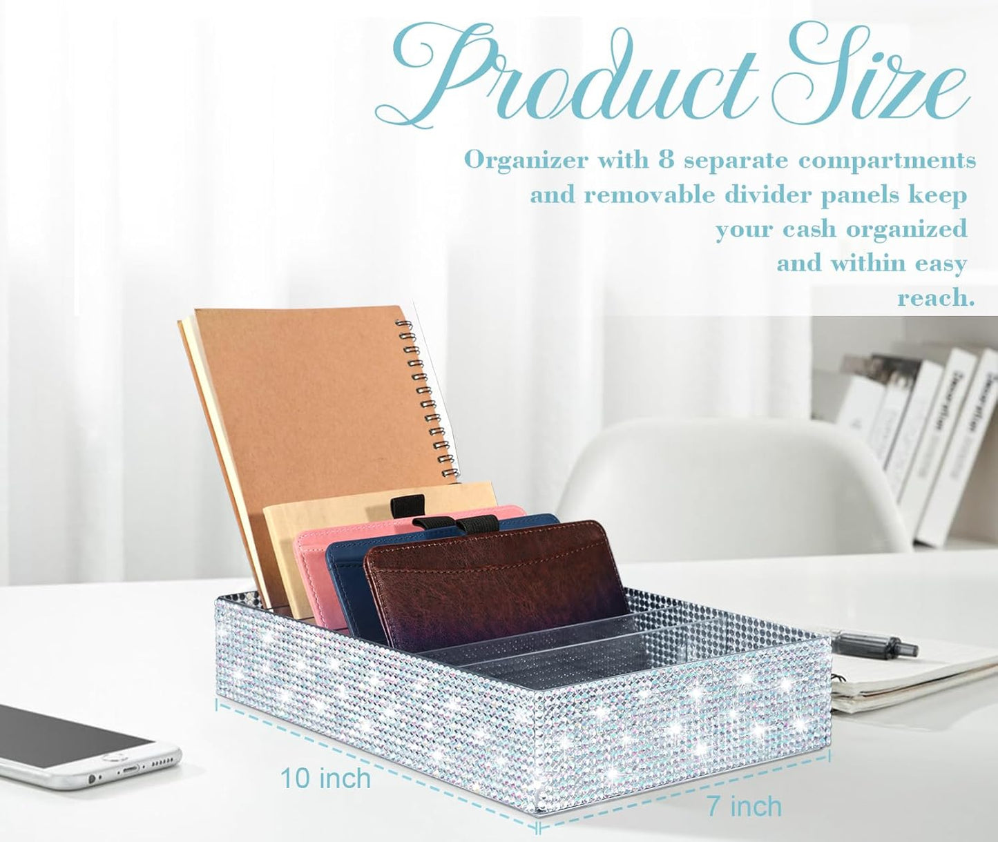 XUWAIDSGN Large Acrylic Diamond Money Organizer 8 Section Clear Money Budget Tray Organizer Plastic Divider Bill Storage Holder for Cash Envelope