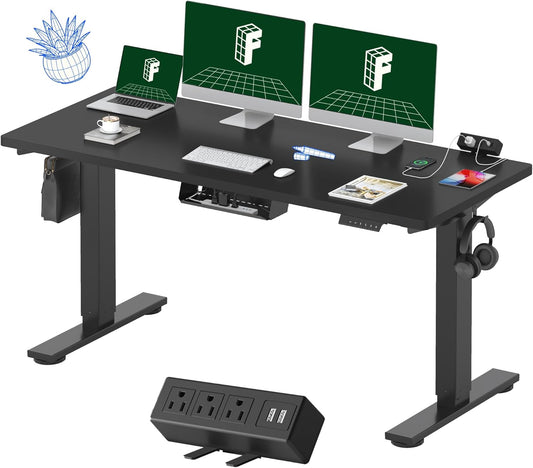 FLEXISPOT EN2 Whole-Piece Standing Desk with Clamp Power Strip, 60 x 24 Electric Stand Up Height Adjustable Desk with Cable Management (Black Frame + 60" Black Top, 2 Packages)