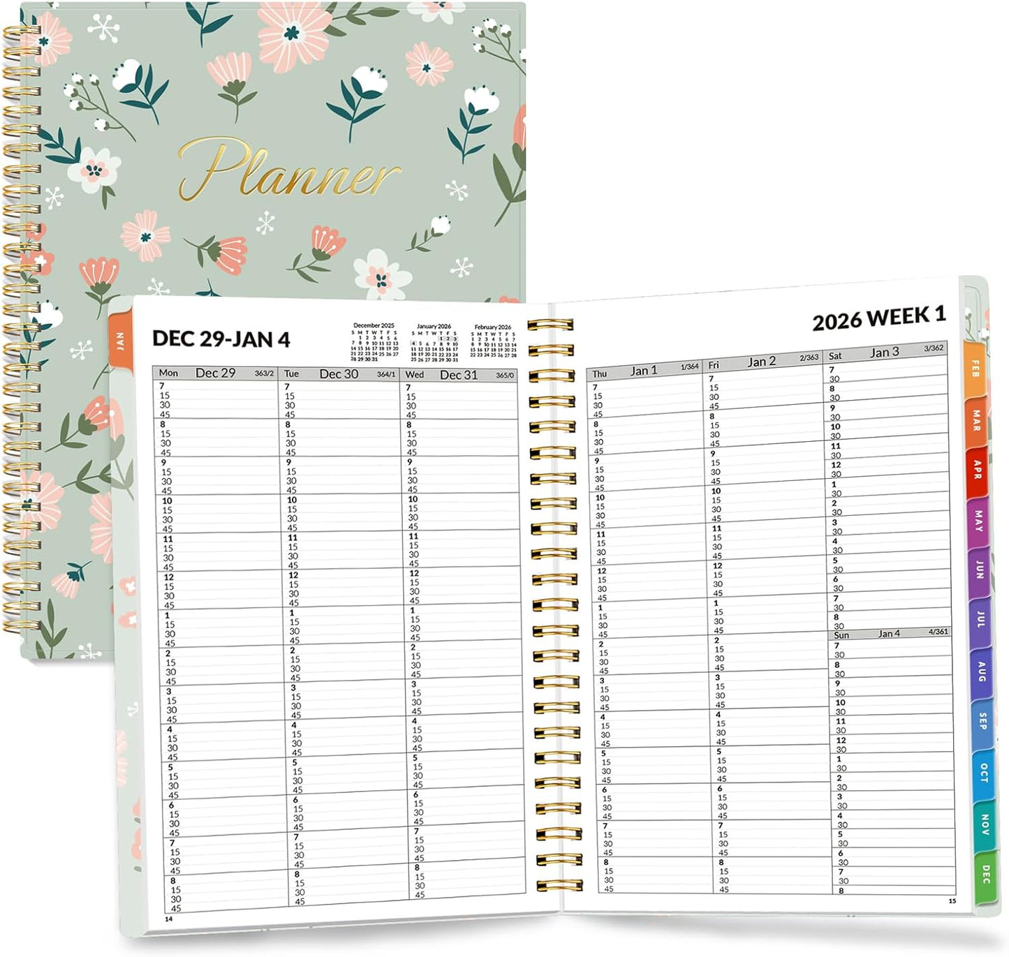 SUNEE 2026 Appointment Book, Quarter-Hourly, Weekly & Monthly - from January 2026 - December 2026, 6.4"x8.3" Weekly Planner, Flexible Cover, Note Pages, Pockets, Bookmark, Green Wildflowers