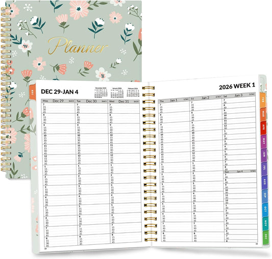 SUNEE 2026 Appointment Book, Quarter-Hourly, Weekly & Monthly - from January 2026 - December 2026, 6.4"x8.3" Weekly Planner, Flexible Cover, Note Pages, Pockets, Bookmark, Green Wildflowers