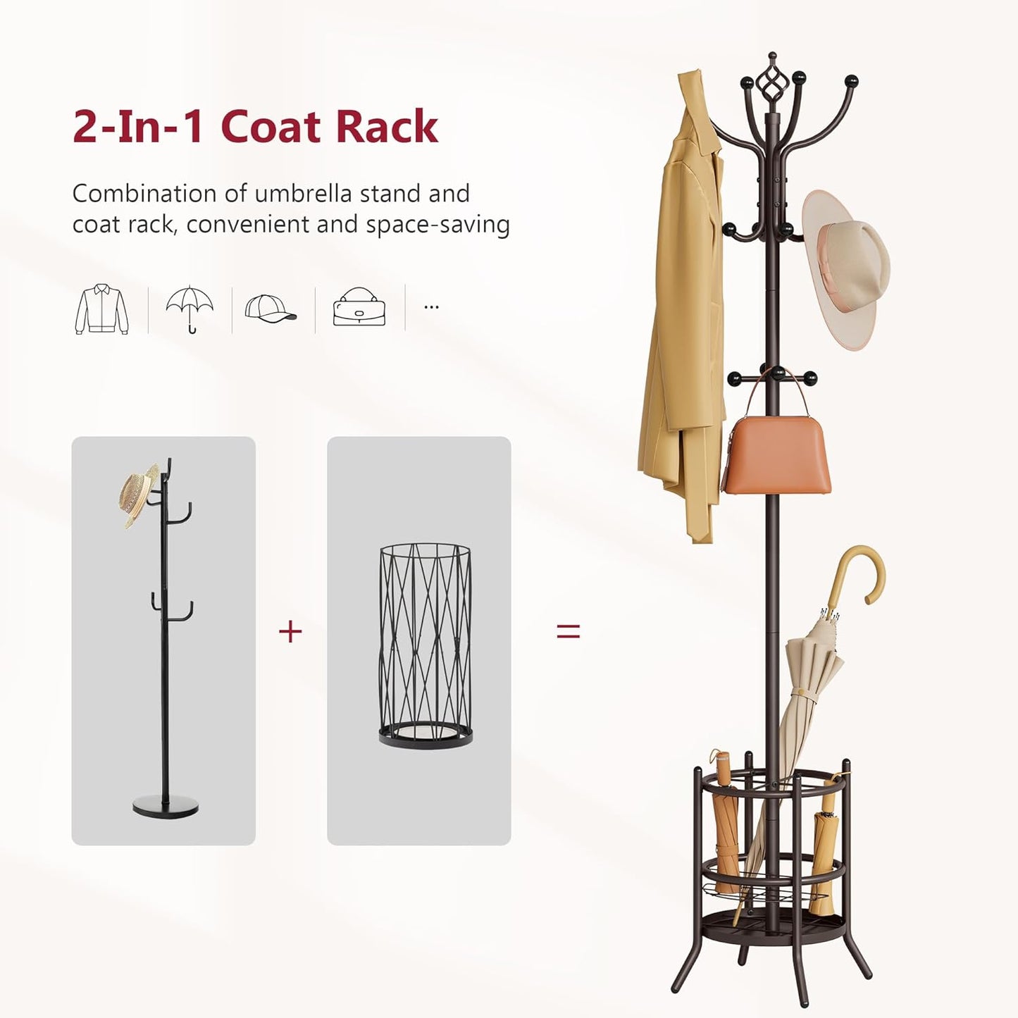 Tajsoon Coat Rack Stand with Umbrella Holder, Coat Tree Freestanding with 16 Hooks, Coat Hangers Stand for Living Room, Bedroom, Office, Brown