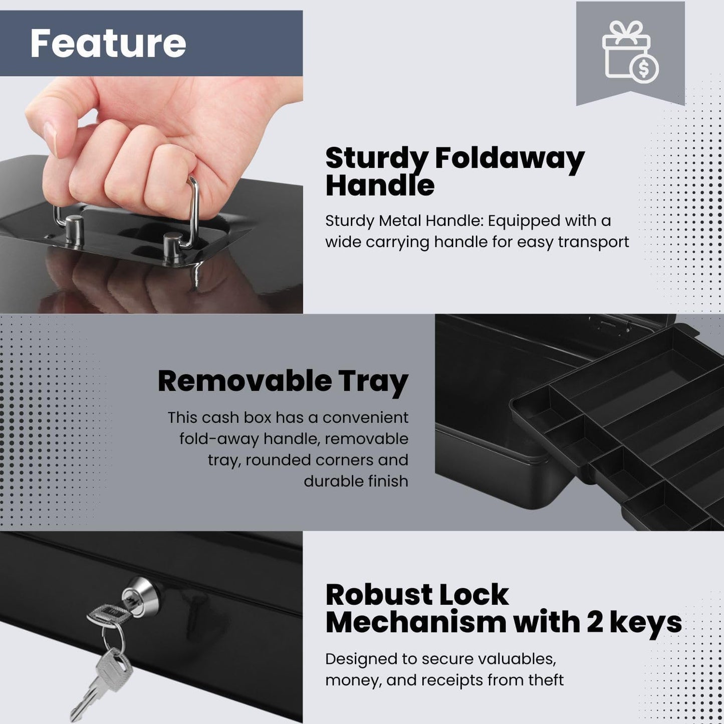 Flexzion Cash Box with Money Tray and Lock - Metal Cash Box for Small Businesses, 9-Compartment Black Money Box with Removable Tray and Key, Portable Storage for Checks and Coins