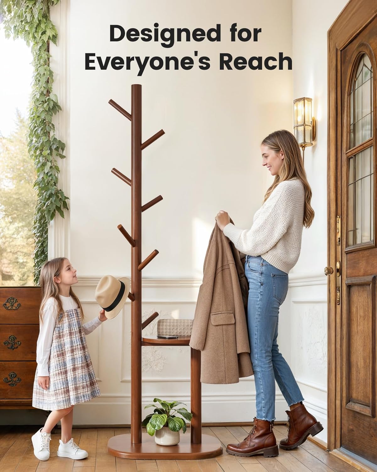 Pipishell Coat Rack, Freestanding Hall Tree with 8 Hooks & Storage Shelf, Solid Wood Base, 66.3″ Tall Coat Rack Stand for Coats, Hats, Bag in Entryway, Bedroom, Living Room, Brown, PIFCR11BN