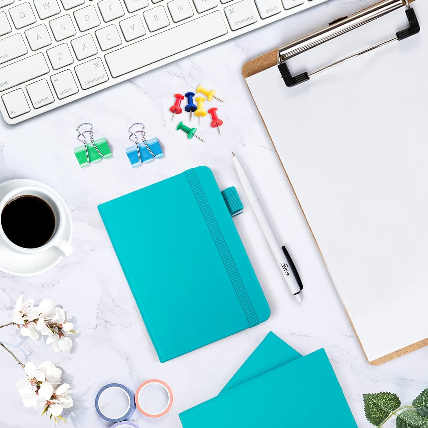 feela 3 Pack Pocket Notebook Journals with 3 Black Pens, A6 Mini Cute Small Journal Notebook Bulk Hardcover College Ruled Notepad with Pen Holder for Office School Supplies, 3.5”x 5.5”, Emerald