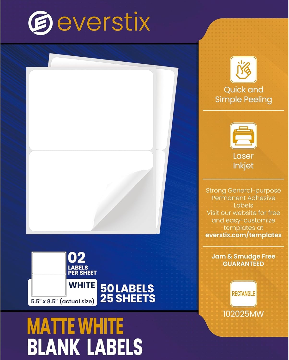 5.5" x 8.5", 25 Sheets, 50 Printable Half Sheet Labels, Blank Mailing Labels for Laser & Inkjet Printers, Letter Size