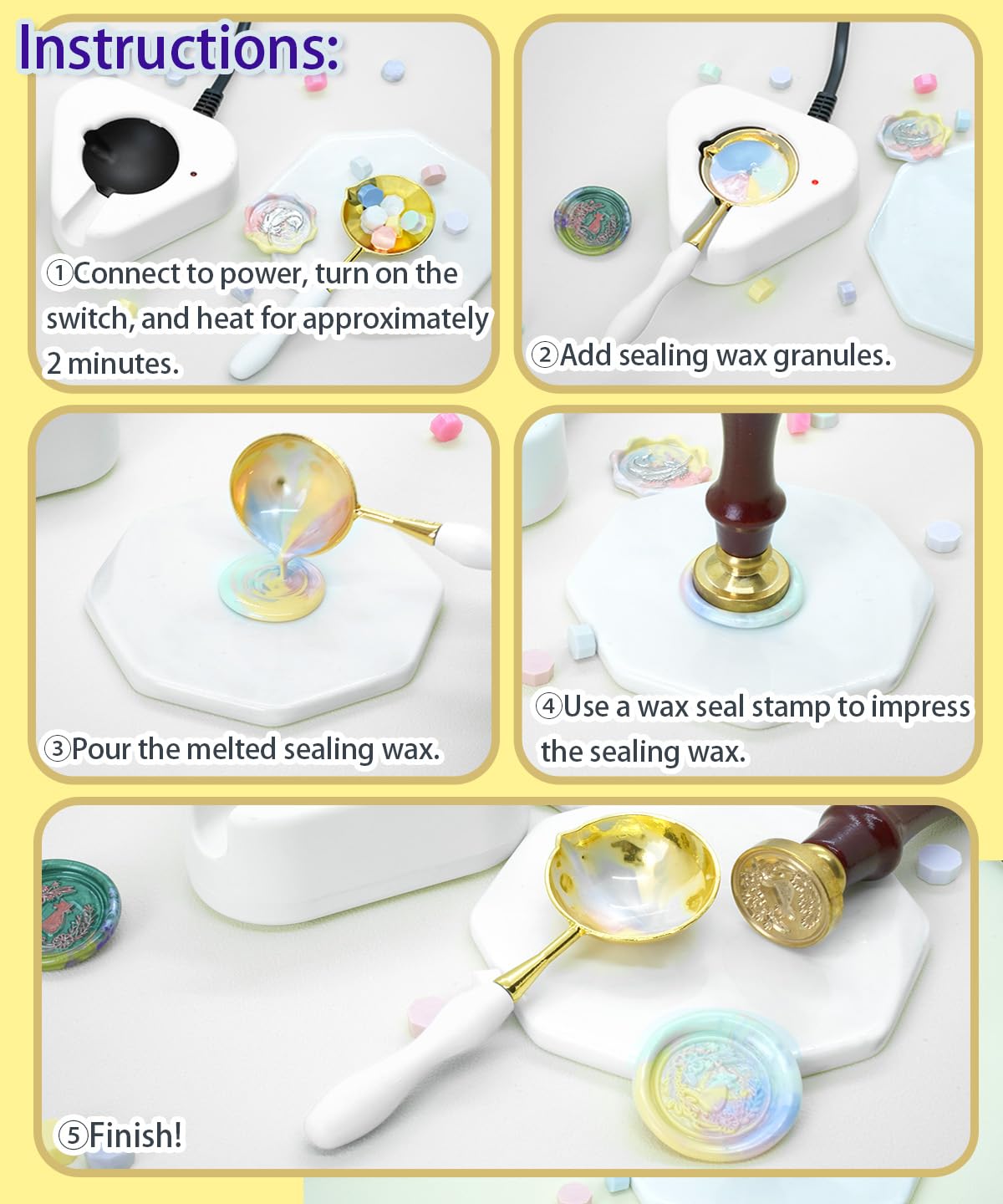 Electric Wax Seal Warmer with 1300Pcs Sealing Wax Beads, 50 Pcs Wax Seal Stickers and 2 Metal Wax Seal Molds, Fast Melting Wax Seal Warmer, Wax Seal Stirring