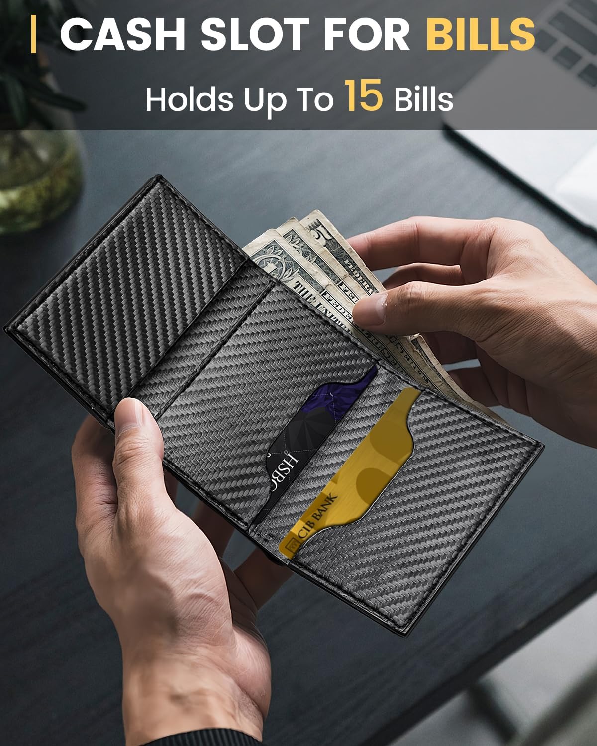 Wallet for Men with Coin Pocket, Pop-Up Card Holder, Holds 10-14 Cards, RFID Blocking, Minimalist, Smart, Slim, Cash Slot, Front Pocket, Gift for Men (Carbon Fiber)