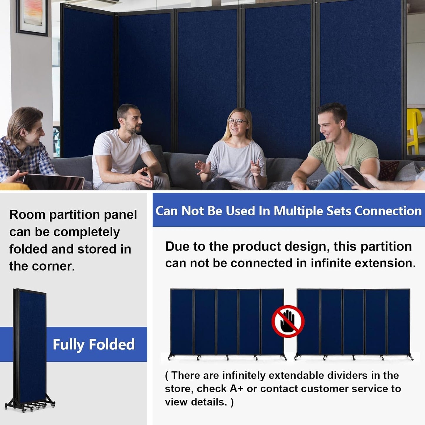 Room Partition,Folding Privacy Divider,Office Partition Dividers,Office Dividers Wall, 10'6"W x 6'7"H,Blue