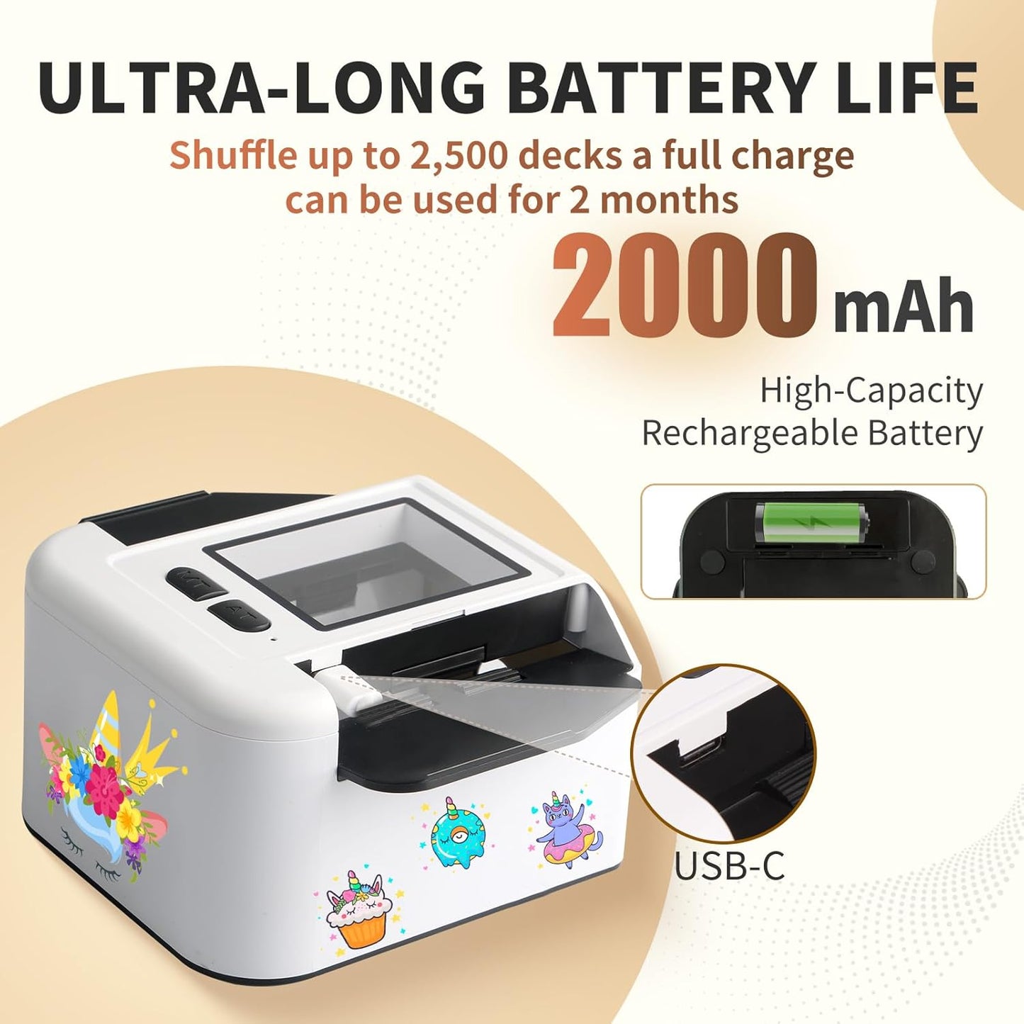 Rechargeable Automatic Card Shuffler 2 Decks, 2000 mAh Built in Battery USB-C Charge, Low Noise Fast Shuffler, Smart Auto Shuffler for UNO Poker Skip-Bo Canasta Texas Hold'em Skyjo