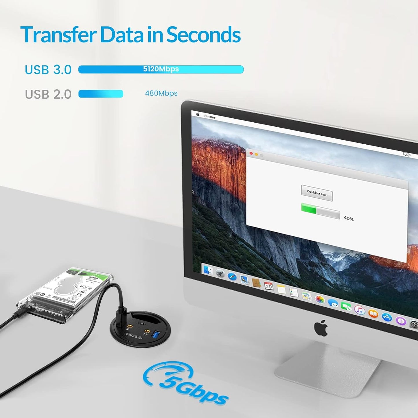 ORICO Desk Grommet USB 3.0 Hub with 2 Type-A 1 Type-C Port, Mic & Audio Jack, 4.9Ft Long Cord for Diameter 60mm Hole, Desktop Cable Organizer, Home Office PC Accessories