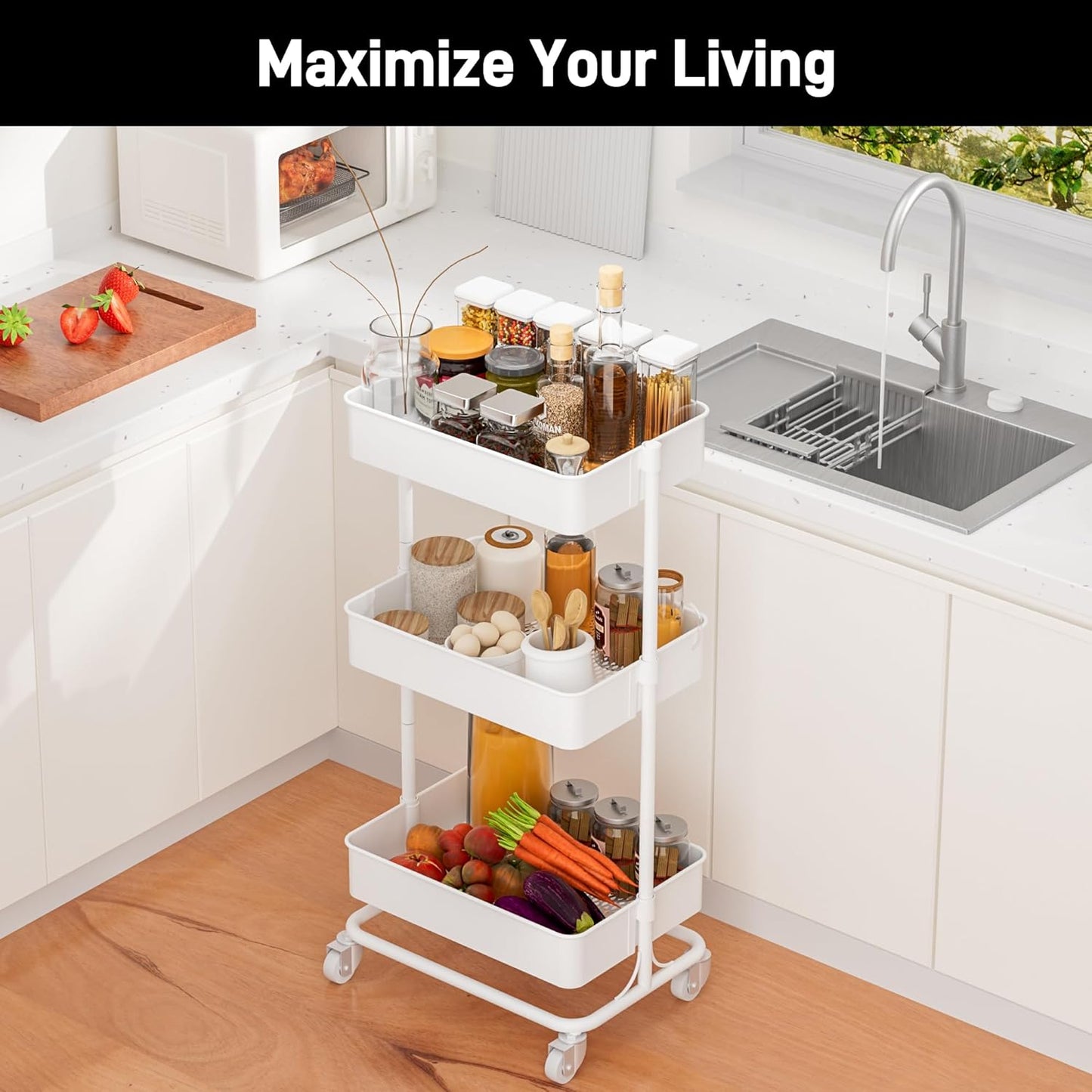 TECBOT 3 Tier Metal Rolling Cart with Wheels, Utility Storage Cart with Handle and Lockable Casters, Storage Basket Organizer Shelves, Easy Assemble for Kitchen, Living Room, Office, Nursery, White