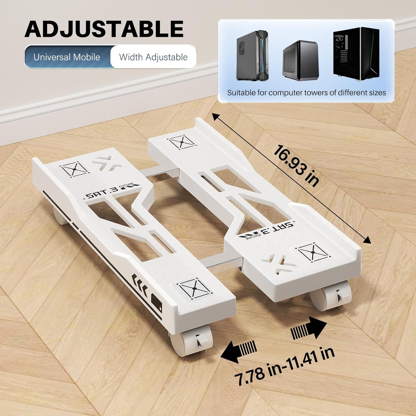 Adjustable Computer Tower Stand, Mobile PC Stand for Floor with 4 Locking Caster Wheels Fits Most PC, Under Desk CPU Holder for Office, Gamers and Students (White)