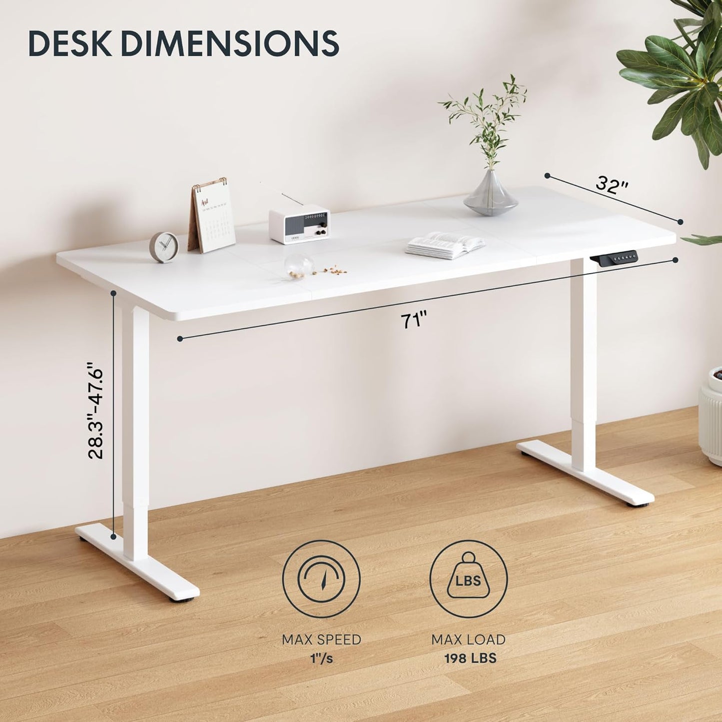 FLEXISPOT 71 x 32 Inch Dual Motor Standing Desk, Computer Desk with Memory Controller, Home Office Desk with Splice Board (White Frame + 71" White Desktop, 2 Packages)